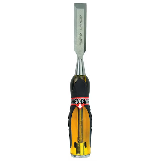 The STANLEY® FATMAX® THRU TANG WOOD CHISEL SINGLE - 3/4IN features a sturdy silver steel blade, ergonomic yellow and black handle, and a red and white THRU-TANG label for heavy-duty woodworking tasks.